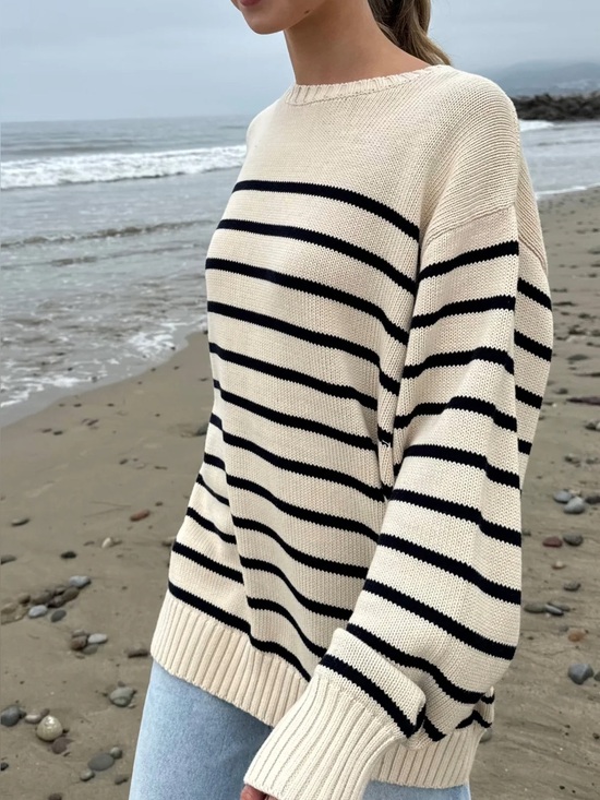 Brandy Melville Sweaters - Brandy Melville Striped Crewneck Sweater - Cream and Black